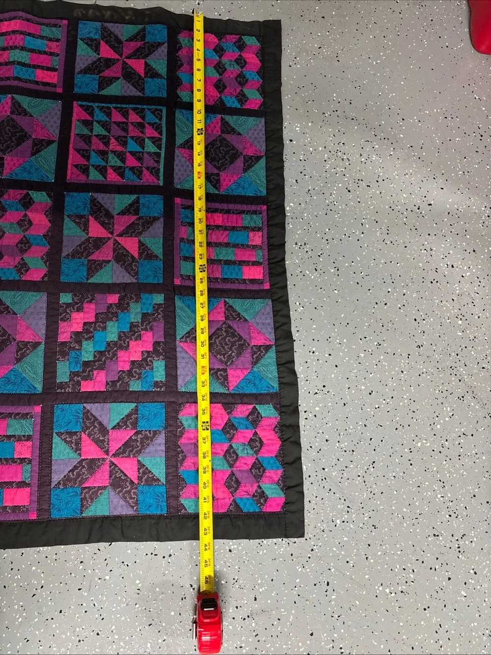 Handmade Hand Quilted Patchwork Quilt in Pink, Teal & Black